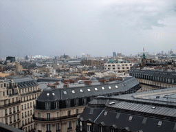 The Centre Georges Pompidou, the Église Saint-Eustache church, the Cathedral Notre Dame de Paris, the Pantheon and a bronze tower, viewed from the roof of the Galeries Lafayette department store at the Boulevard Haussmann