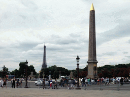 The Place de la Concorde square, with the Obelisk of Luxor and the Fountain of Maritime Navigation, and the Eiffel Tower