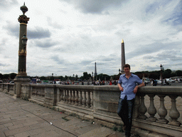Tim at the Place de la Concorde square, with the Obelisk of Luxor and the Fountain of Maritime Navigation, and the Eiffel Tower
