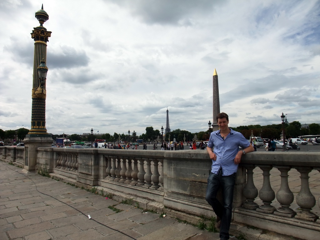 Tim at the Place de la Concorde square, with the Obelisk of Luxor and the Fountain of Maritime Navigation, and the Eiffel Tower
