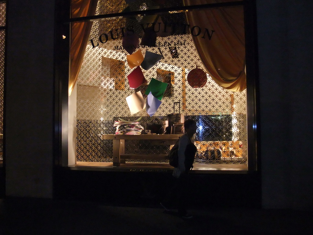 Miaomiao in front of the Louis Vuitton store in the Avenue George V, by night