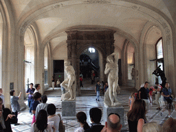 Statues `The Rebellious Slave` and `The Dying Slave` by Michelangelo, in the Galerie Mollien (Michelangelo Gallery) on the Ground Floor of the Denon Wing of the Louvre Museum