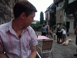 Tim on the terrace of the restaurant `La Maison Rose` in the Rue de l`Abreuvoir street on the Montmartre hill
