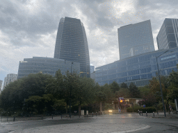 The Place des 3 Frères Lebeuf square and skyscrapers at the La Défense district, at sunset