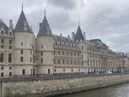 The north side of the Conciergerie building, viewed from the Pont au Change bridge over the Seine river