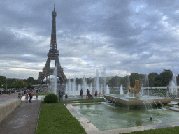 Fountains at the Jardins du Trocadéro gardens and the northwest side of the Eiffel Tower