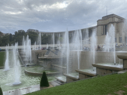 Fountains at the Jardins du Trocadéro gardens and the southeast side of the National Marine Museum at the Palais de Chaillot palace