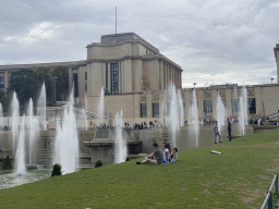 Fountains at the Jardins du Trocadéro gardens, the Esplanade du Trocadéro and the southeast side of the National Marine Museum at the Palais de Chaillot palace