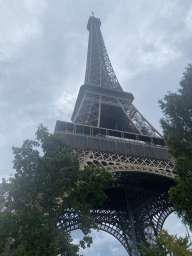 The northwest side of the Eiffel Tower, viewed from the Jardin de la Tour Eiffel garden