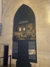 Painting and information on the Palais de Justice de Paris courthouse at the Hall of the Guards at the Conciergerie building