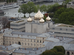 The Seine river and the Cathédrale de la Sainte-Trinité de Paris cathedral, viewed from the Second Floor of the Eiffel Tower