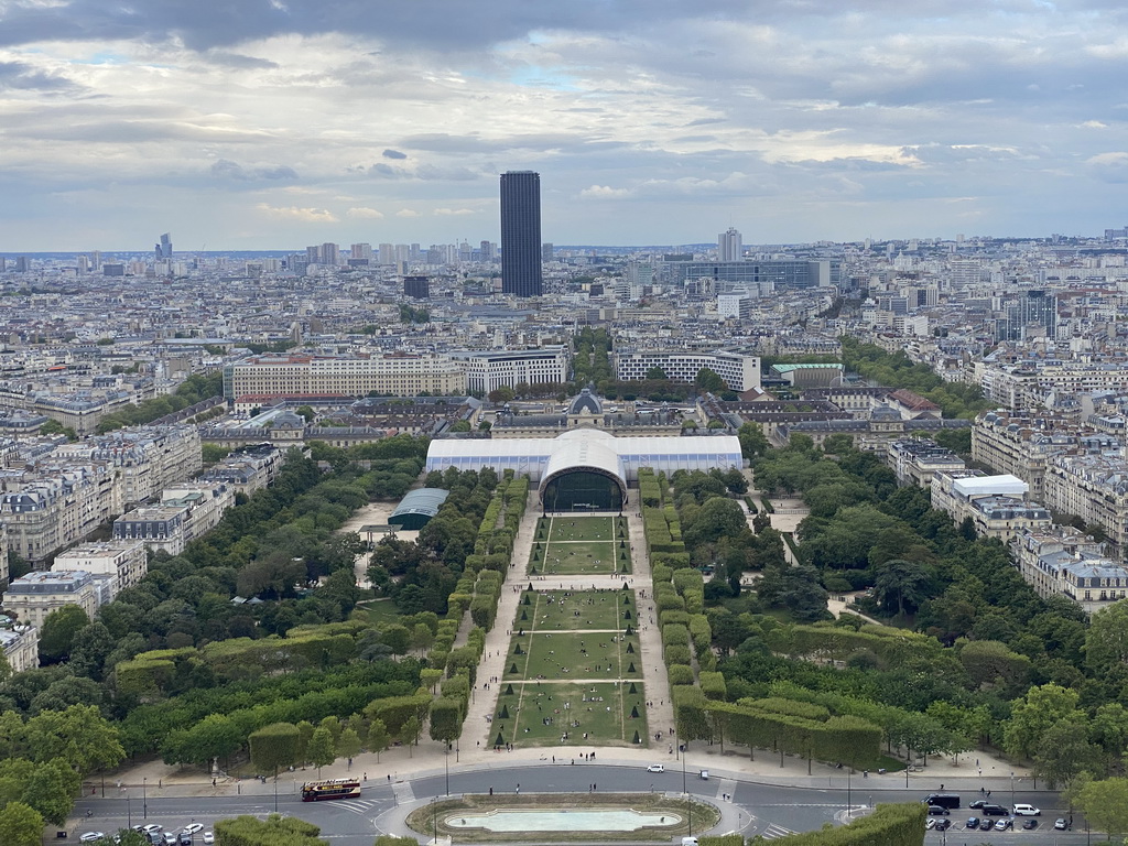 The Champ de Mars park, the Grand Palais Éphémère exhibition hall and the Tour Montparnasse tower, viewed from the Second Floor of the Eiffel Tower