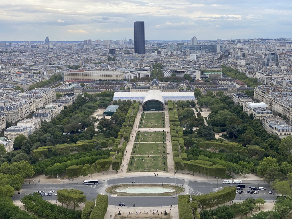 The Champ de Mars park, the Grand Palais Éphémère exhibition hall and the Tour Montparnasse tower, viewed from the Second Floor of the Eiffel Tower