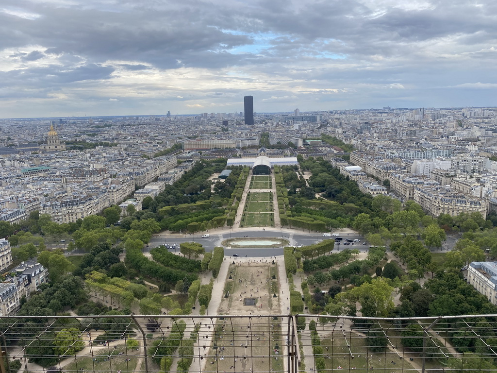 The Jardin de la Tour Eiffel garden, the Champ de Mars park, the Grand Palais Éphémère exhibition hall, the Tour Montparnasse tower and the Hôtel des Invalides, viewed from the Second Floor of the Eiffel Tower