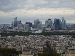 The Bois de Boulogne park with the Louis Vuitton Foundation museum and the La Défense district with the Grande Arche de la Défense building, viewed from the Second Floor of the Eiffel Tower