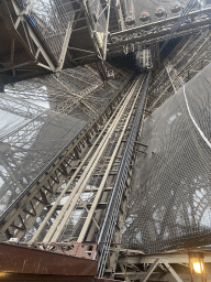 The interior of the Eiffel Tower, viewed from the Ground Floor