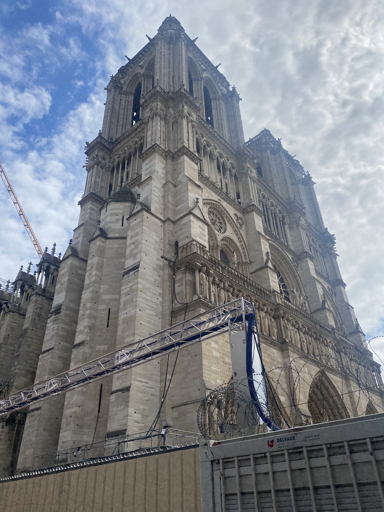 North side of the Cathedral Notre Dame de Paris at the crossing of the Rue d`Arcole and Rue du Cloître-Notre-Dame streets, under renovation