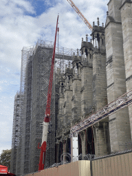 Northeast side of the Cathedral Notre Dame de Paris at the Rue du Cloître-Notre-Dame street, under renovation