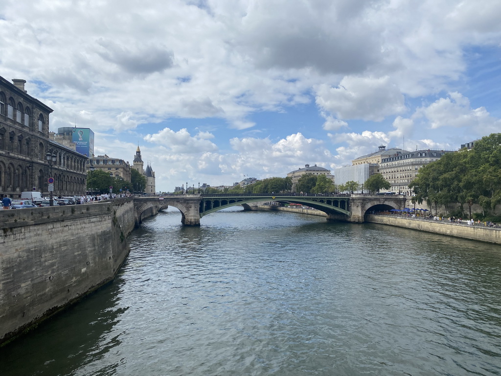 The Pont Notre-Dame bridge over the Seine river, viewed from the Pont d`Arcole bridge