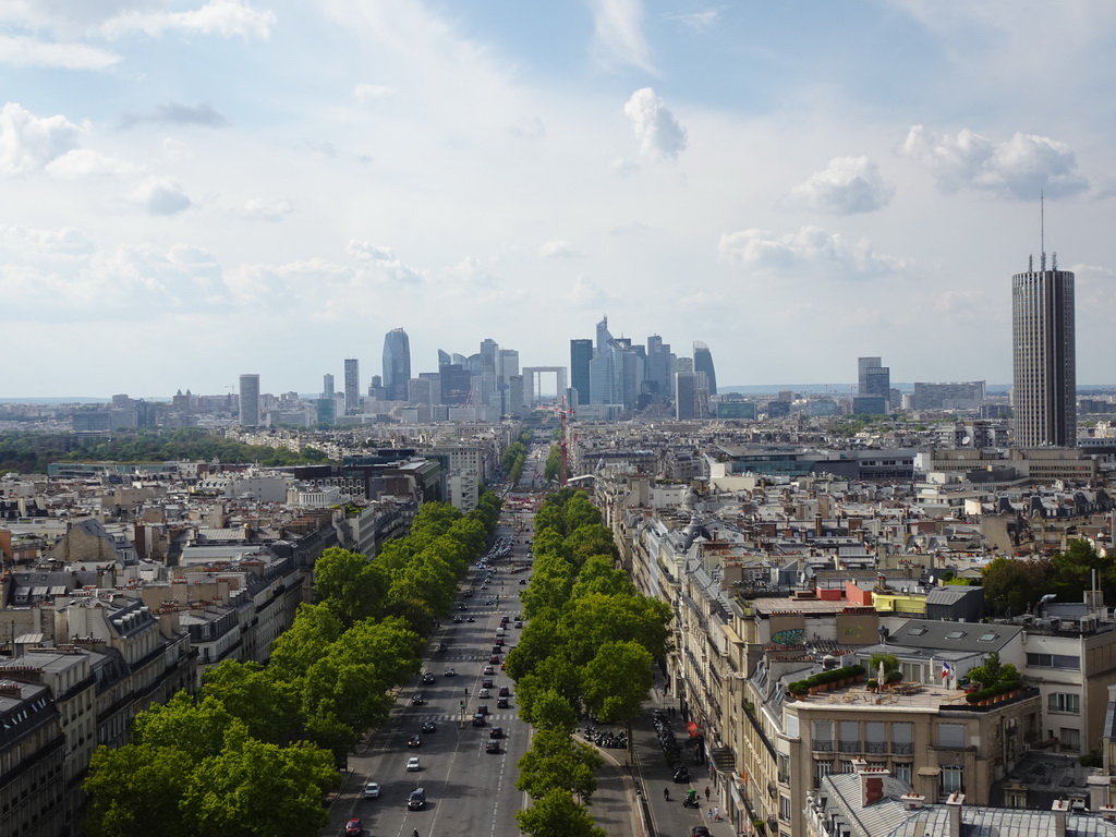 The Avenue de la Grande Armée, the La Défense district with the Grande Arche de la Défense building and the Hyatt Regency Paris Étoile hotel, viewed from the roof of the Arc de Triomphe