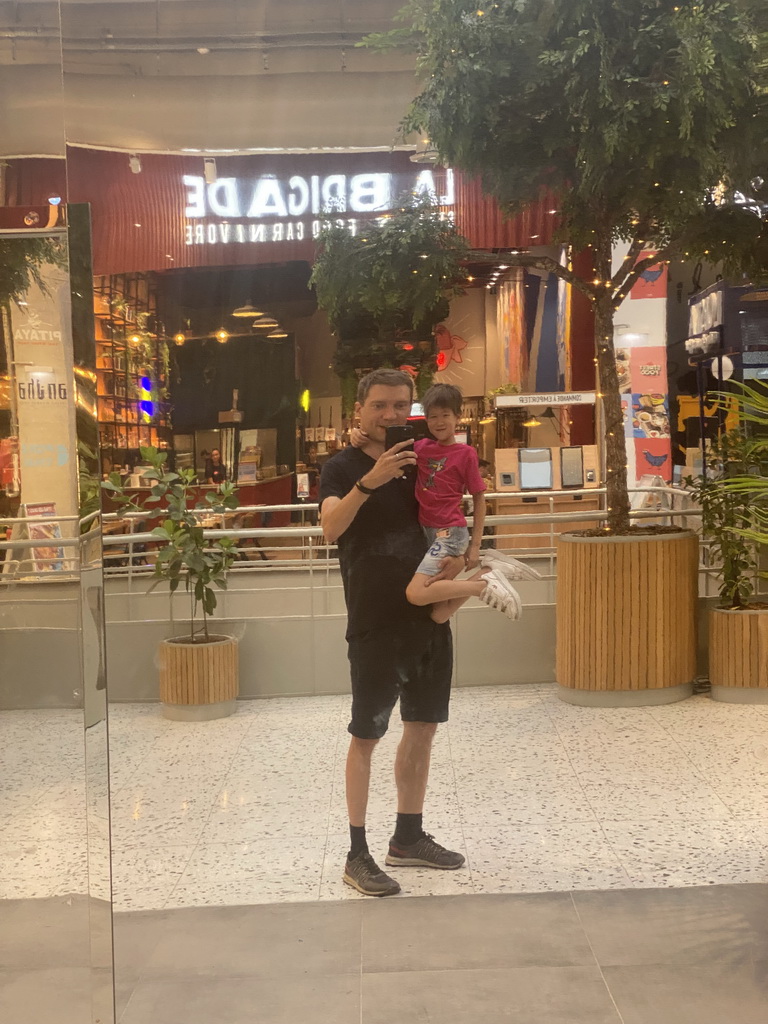 Tim and Max in a mirror at the Third Floor of the Westfield Les 4 Temps shopping mall