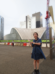 Miaomiao in front of the CNIT shopping mall and skyscrapers at the Parvis de la Défense square, at sunset