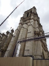 North side of the Cathedral Notre Dame de Paris at the crossing of the Rue d`Arcole and Rue du Cloître-Notre-Dame streets, under renovation