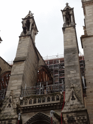 Northeast aisle of the Cathedral Notre Dame de Paris, under renovation, viewed from the Rue du Cloître-Notre-Dame street