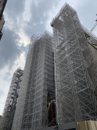 Northeast facade of the Cathedral Notre Dame de Paris, under renovation, viewed from the Rue du Cloître-Notre-Dame street