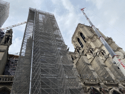 Northeast facade of the Cathedral Notre Dame de Paris, under renovation, viewed from the Rue du Cloître-Notre-Dame street