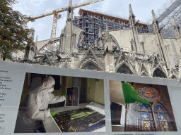 Photographs of the renovation of the Cathedral Notre Dame de Paris at the exhibition `Notre-Dame de Paris - The first months of a renaissance` and the east facade of the Cathedral Notre Dame de Paris at the Rue du Cloître-Notre-Dame street