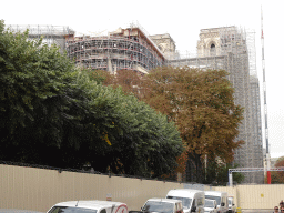 East side of the Cathedral Notre Dame de Paris, under renovation, viewed from the Rue du Cloître-Notre-Dame street