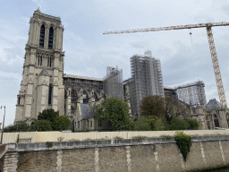 The southwest side of the Cathedral Notre Dame de Paris, under renovation, viewed from the Quai de Montebello street
