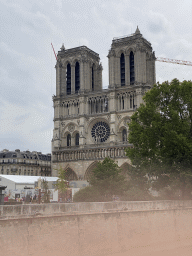 Front of the Cathedral Notre Dame de Paris, under renovation, viewed from the Quai de Montebello street