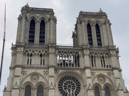 Facade of the Cathedral Notre Dame de Paris, under renovation, viewed from the Parvis Notre Dame - Place Jean-Paul II square