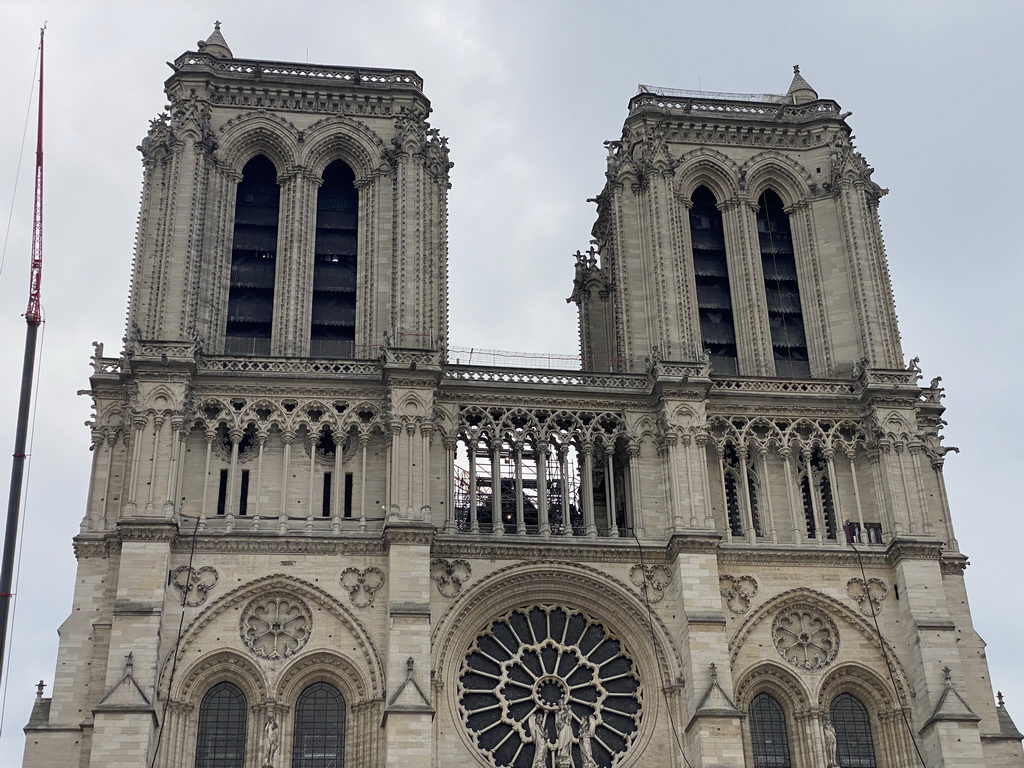 Facade of the Cathedral Notre Dame de Paris, under renovation, viewed from the Parvis Notre Dame - Place Jean-Paul II square