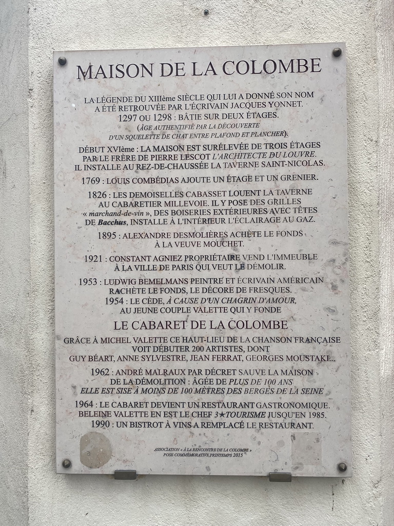 Information on the Maison de la Colombe house at the front of the Les Deux Colombes restaurant at the Rue de la Colombe street