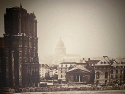 Old photograph of the Cathedral Notre Dame de Paris and the Panthéon at the Archaeological Crypt of the Île de la Cité