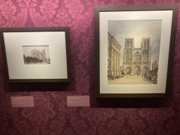 Drawings `Abside de Notre-Dame` by Charles Marville and `Le Parvis de Notre-Dame` by Charles Fréchot at the Archaeological Crypt of the Île de la Cité, with explanation