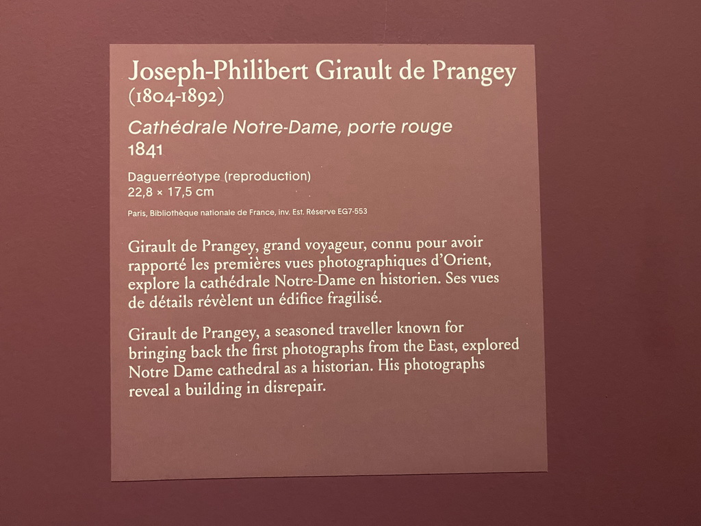 Explanation on the old photograph of a gate of the Cathedral Notre Dame de Paris by Joseph-Philibert Girault de Prangey at the Archaeological Crypt of the Île de la Cité