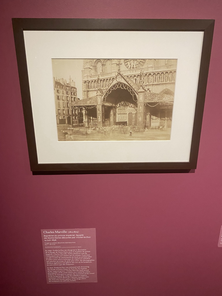 Old photograph of the facade of the Cathedral Notre Dame de Paris by Charles Marville at the Archaeological Crypt of the Île de la Cité, with explanation