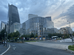 Skyscrapers at the La Défense district, viewed from the crossing of the Boulevard de la Mission Marchand and Rue Berthelot street, at sunset