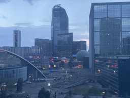 The Parvis de la Défense square with the CNIT shopping mall, the Le Pouce statue, the Westfield Les 4 Temps shopping mall, the Tour Hekla tower and the Grande Arche de la Défense building, viewed from the window of our room at the Pullman Paris La Défense hotel, at sunset