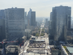 Skyscrapers at the La Défense district, the La Défense railway station, the Avenue Charles de Gaulle and the Arc de Triomphe, viewed from the observation deck at the top floor of the Grande Arche de la Défense building