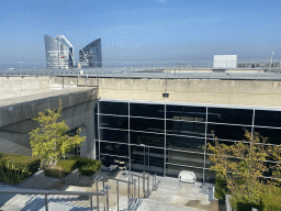 The observation deck at the top floor of the Grande Arche de la Défense building, with a view on the Tours Société Générale towers