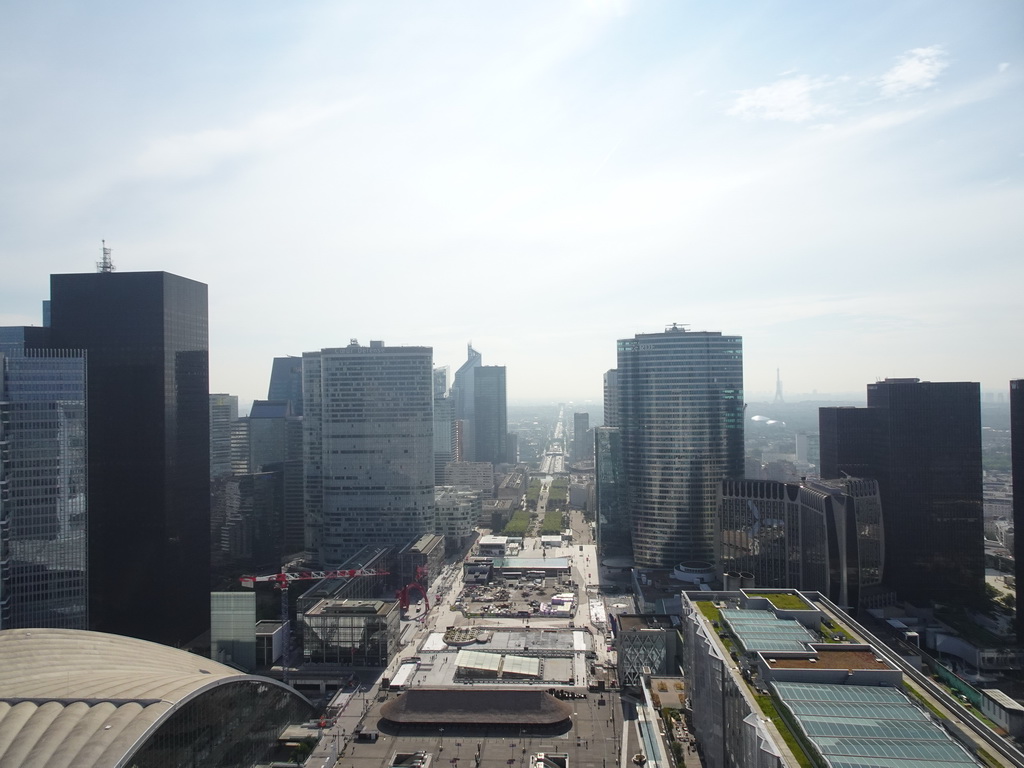 Skyscrapers at the La Défense district, the La Défense railway station, the Avenue Charles de Gaulle, the Arc de Triomphe, the Louis Vuitton Foundation museum and the Eiffel Tower, viewed from the observation deck at the top floor of the Grande Arche de la Défense building