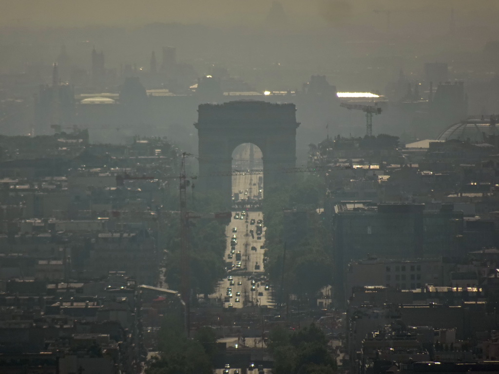 The Avenue Charles de Gaulle, the Arc de Triomphe, the Place de la Concorde square with the Luxor Obelisk and the Louvre Museum, viewed from the observation deck at the top floor of the Grande Arche de la Défense building