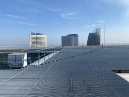 The observation deck at the top floor of the Grande Arche de la Défense building, with a view on the skyscrapers at the La Défense district