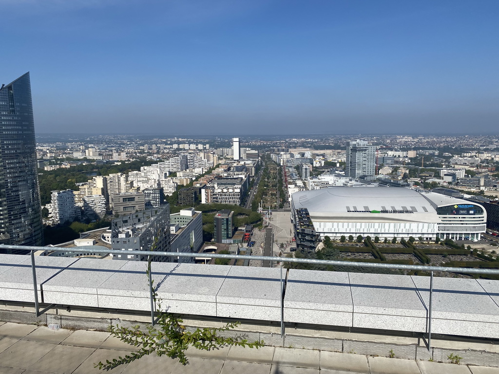 The Tours Société Générale towers, the Paris La Défense Arena and the l`Archipel building, viewed from the observation deck at the top floor of the Grande Arche de la Défense building
