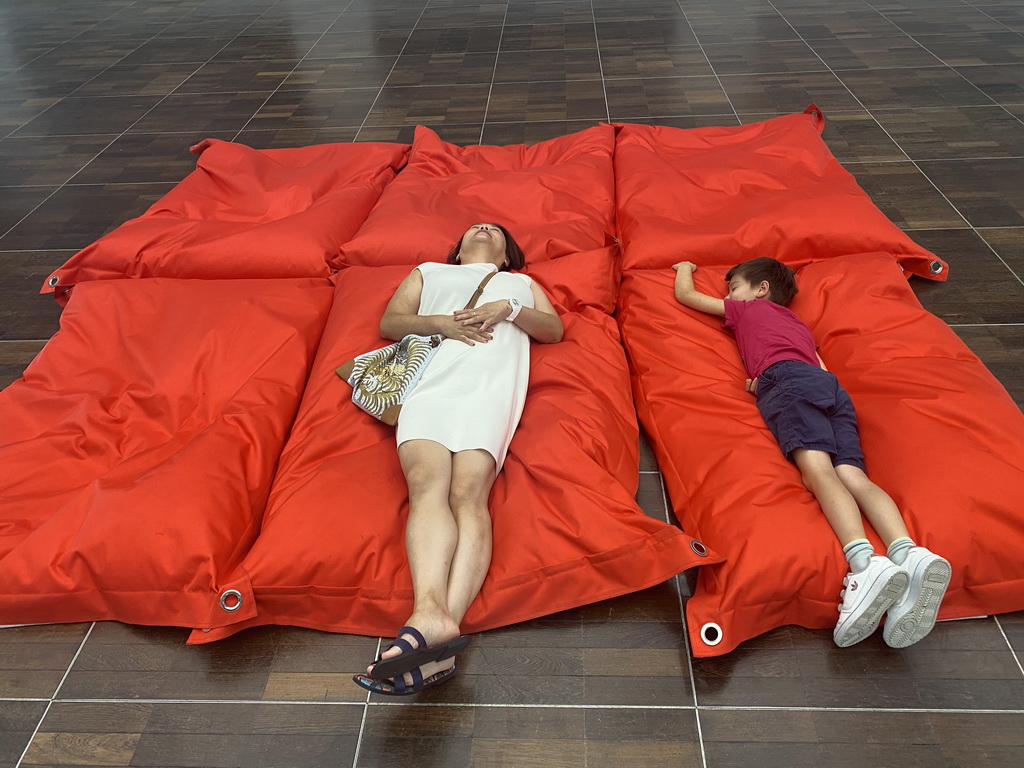 Miaomiao and Max on a mattress at the exhibition `Hymne à la Beauté` at the top floor of the Grande Arche de la Défense building